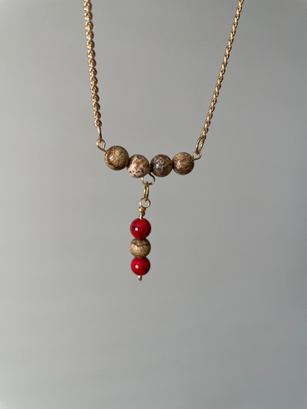 Delicate T shape gemstone red brown necklace